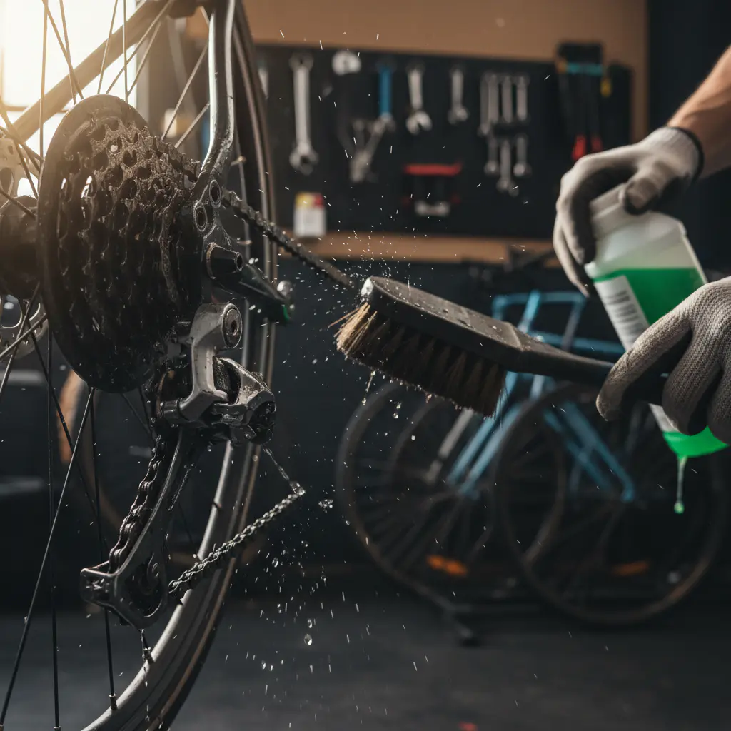Close up of a bicycle chain and derailleur being cleaned