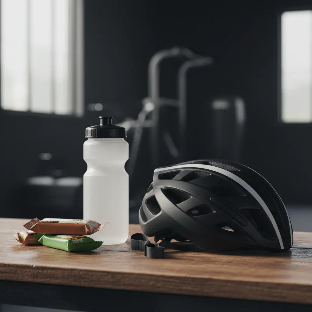 Energy bars and water bottle on a table next to a helmet