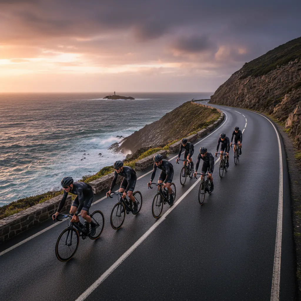 Group of cyclists riding on a scenic road