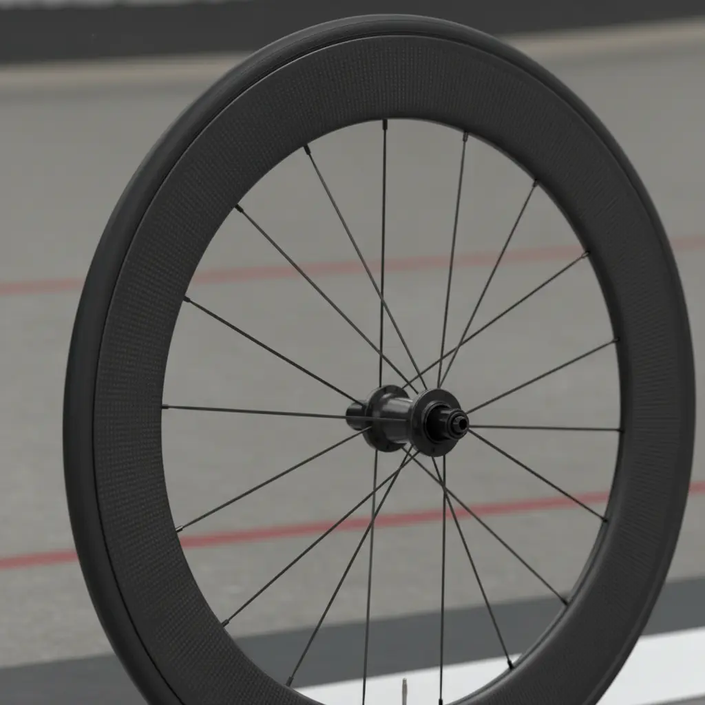 Close up of a deep section carbon bicycle wheel