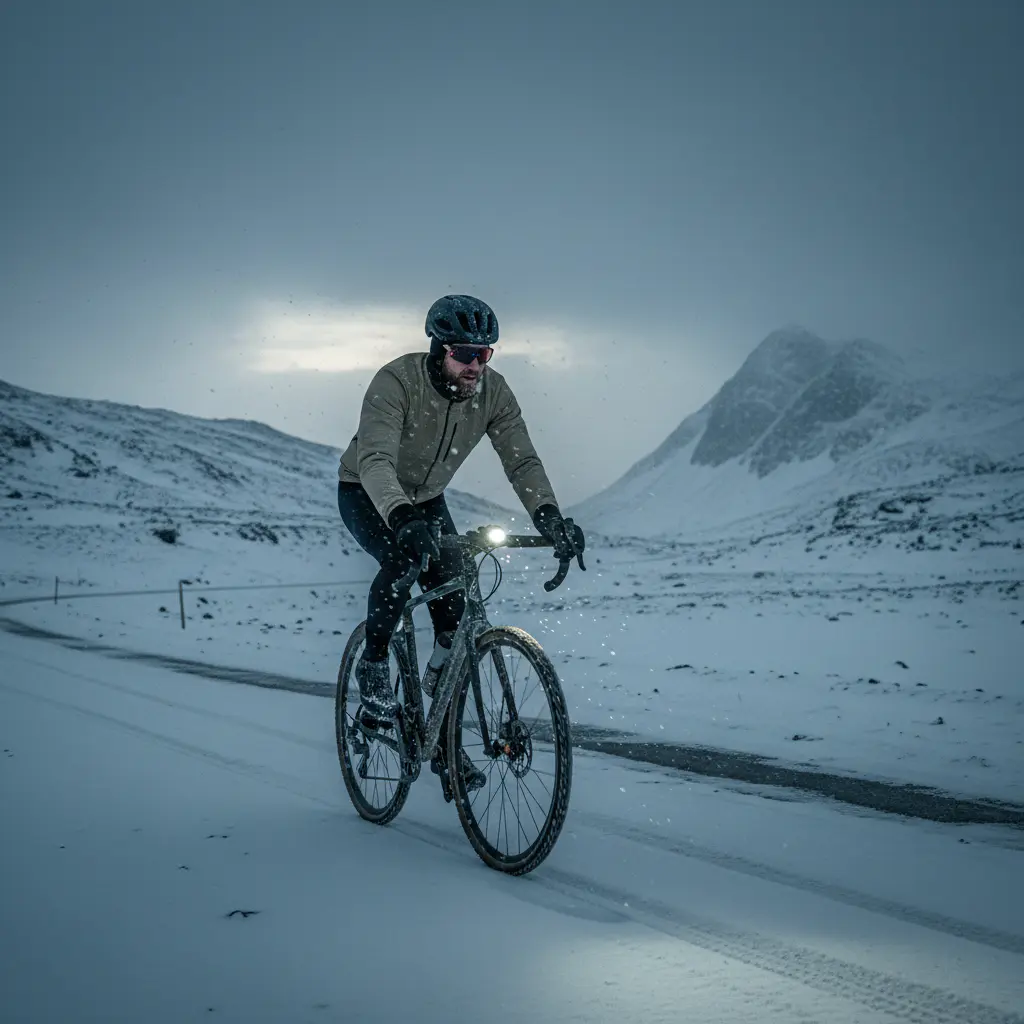 Cyclist wearing winter gear riding in cold conditions