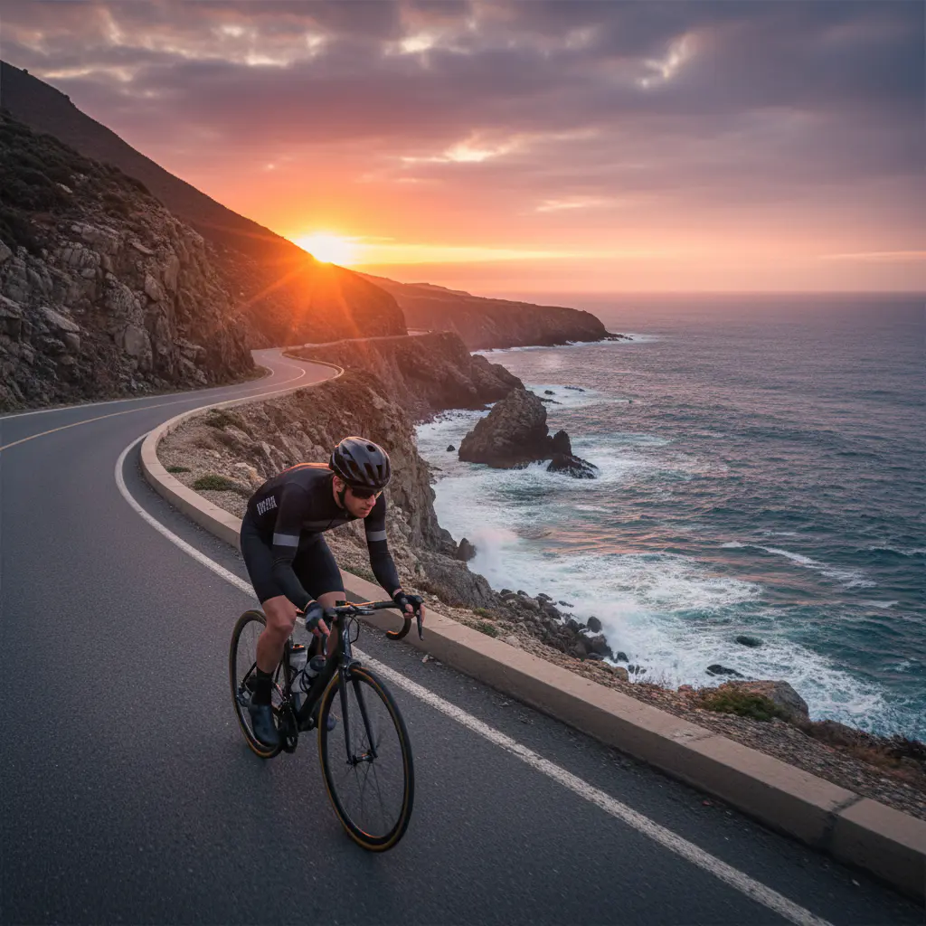 Cyclist riding along a cliffside coastal road