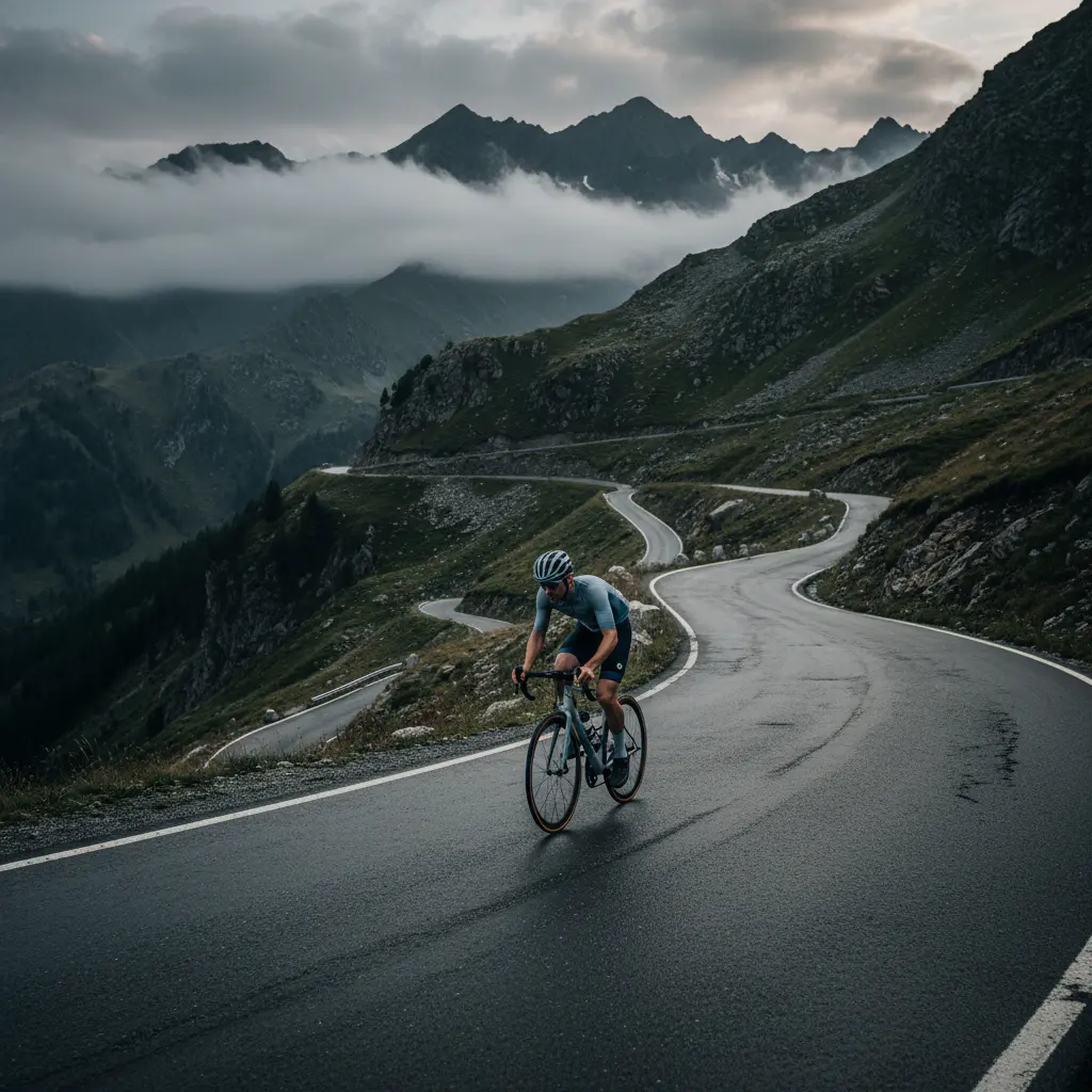 Winding mountain road with a cyclist climbing